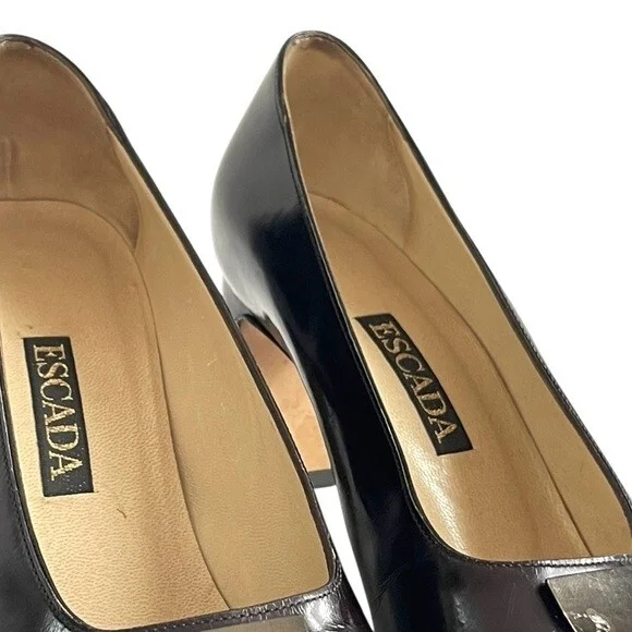 Vintage Escada Black/Brown Leather Pumps Metal Logo Stiletto Size 7B - Picture 13 of 14